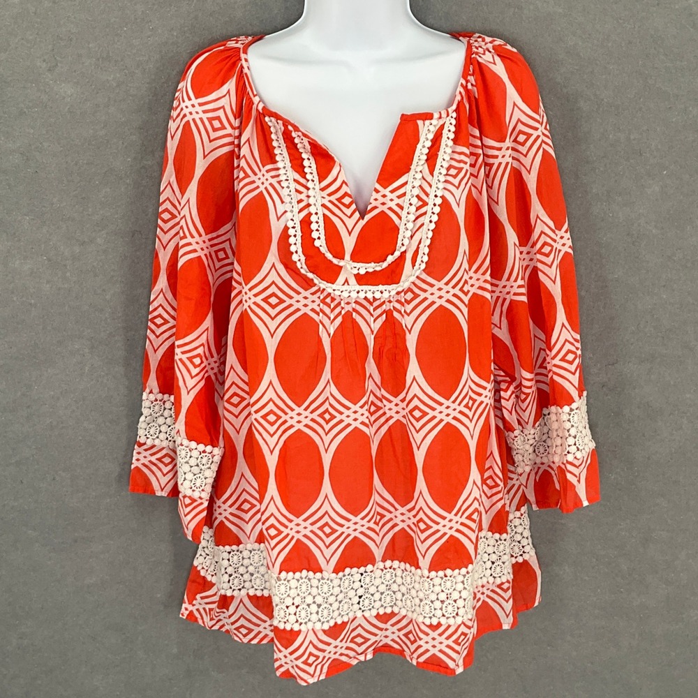 Crown & Ivy Top‎ Women 2X Orange White Geometric Print Lace Trim Long Sleeve